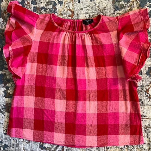 KATE SPADE PICNIC WOVEN FLUTTER-SLEEVE TOP LINEN BLEND DEEP HIBISCUS MULTI  L - Picture 10 of 15